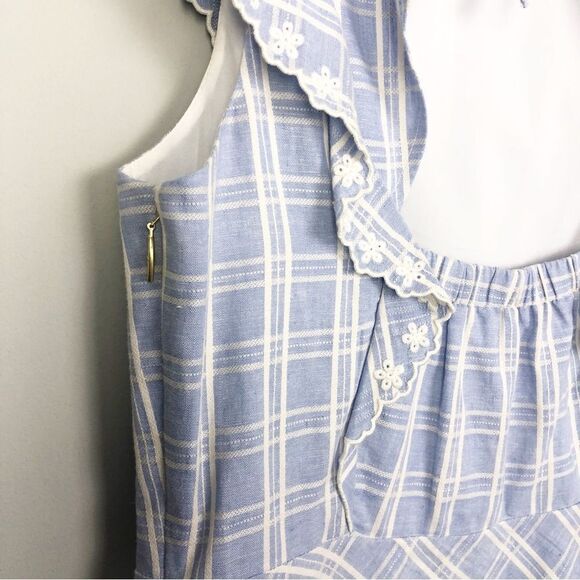 DRAPER JAMES | Linen Blend Blue Plaid Pinafore Ruffle Dress Women’s Size 10 - Picture 6 of 10